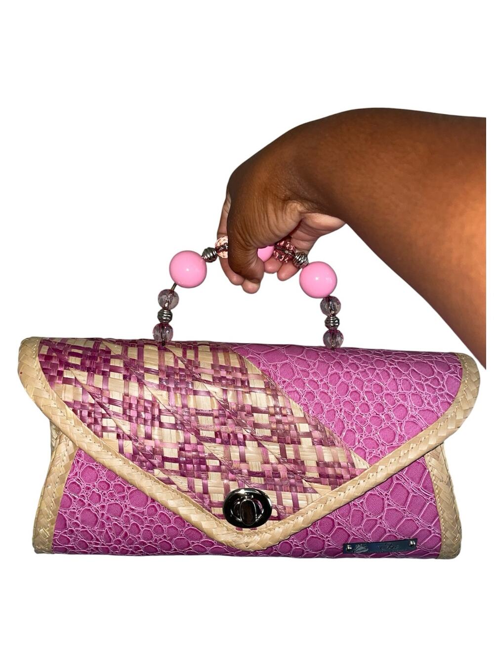Handmade Vintage Elsie Frazier Pink Woven Clutch Bag - Picture 2 of 6